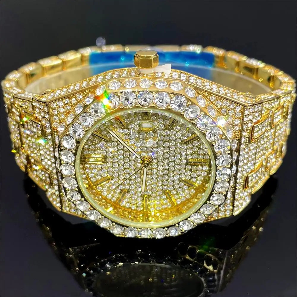 UNIGUET Cool Black Watch For Men Luxury Stainless Steel Quartz Watches Fashion Hip Hop Iced Diamond Wristwatch Man Dropshipping
