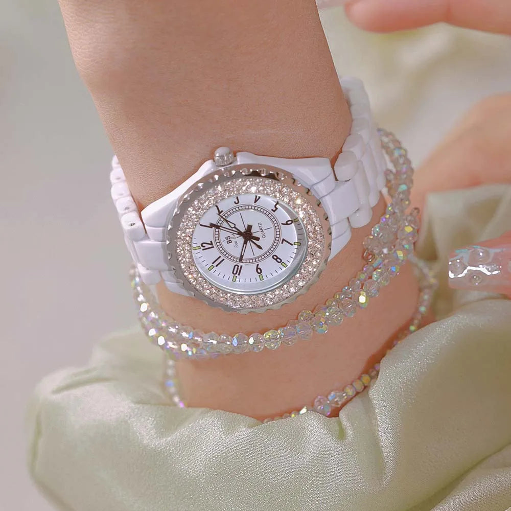 New Fashion Women Quartz Watch Ceramic Strap Clock Silver Diamond Wristwatch for Girl Student Relogio Feminino Dress Gifts