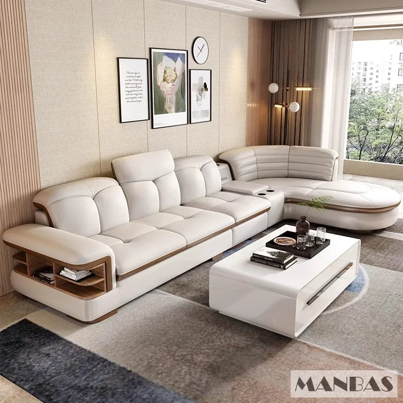 MANBAS Luxury L-Shaped Genuine Leather Sectional Sofa Sets with USB, Bluetooth Speaker - Living Room Italian Leather Couches