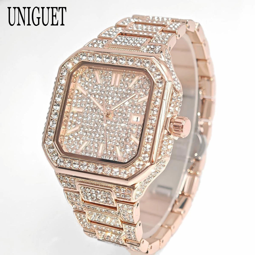 2025 New Black Iced Watch For Men Brand UNIGUET Fashion Waterproof Quartz Watch Man Hip Hop Diamond Jewelry Square Wristwatch