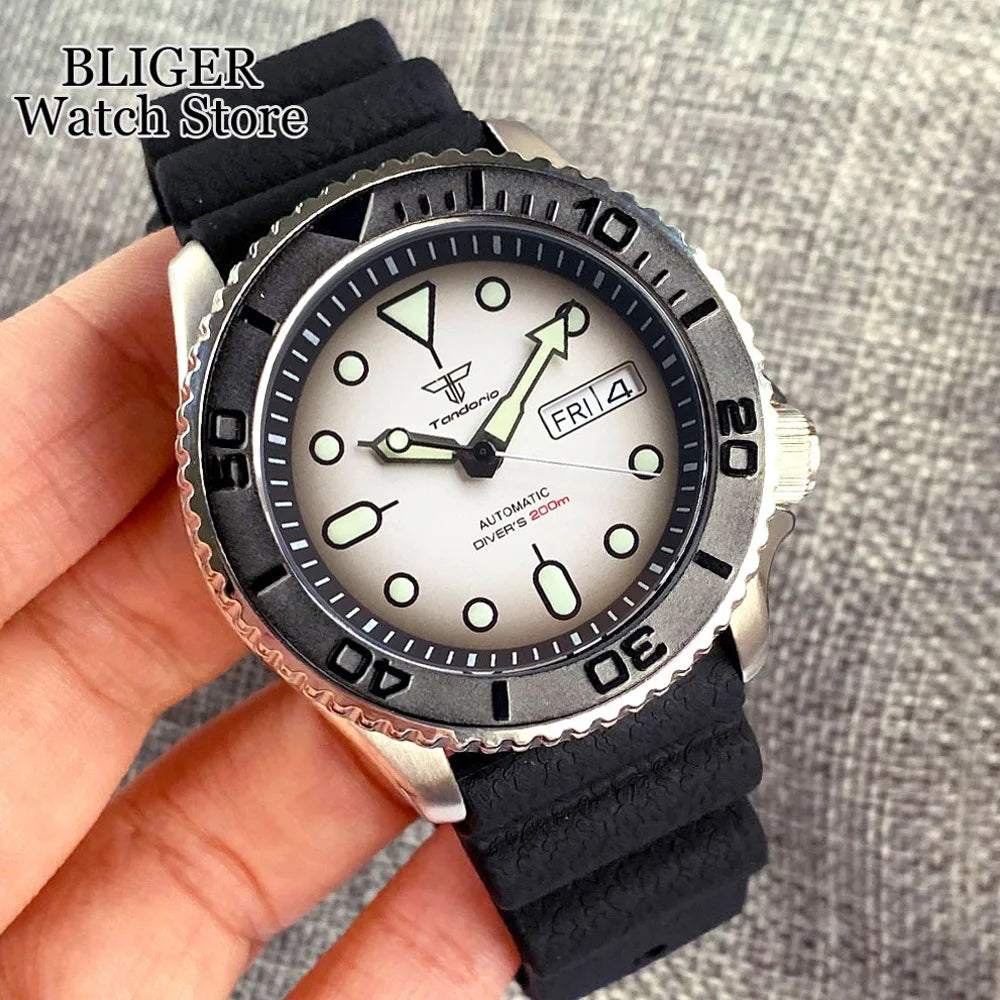 Diving Tandorio NH36 Week Date Steel Mechanical Watch Men 120clicks Bezel Chapter Ring 3.8 Crown 20ATM Waterproof SKX Mod Clock