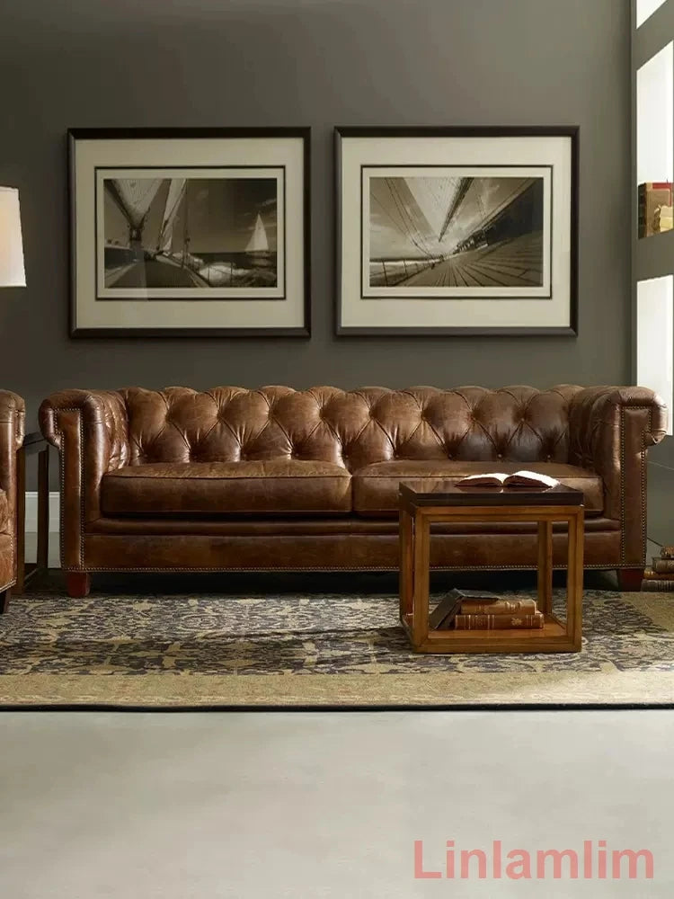 Classic Tufted Couch – Luxury Genuine Leather Chesterfield Sofa 3-Seater with Rolled Arms and Nailhead Trim, for Living Room