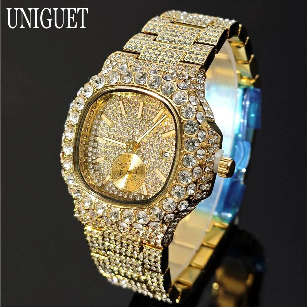 Hot Sell Luxury Iced Watch Mens Fashion Stainless Steel Gold Wristwatch Hip Hop Diamond Bling Jewelry Watch For Man Reloj Hombre