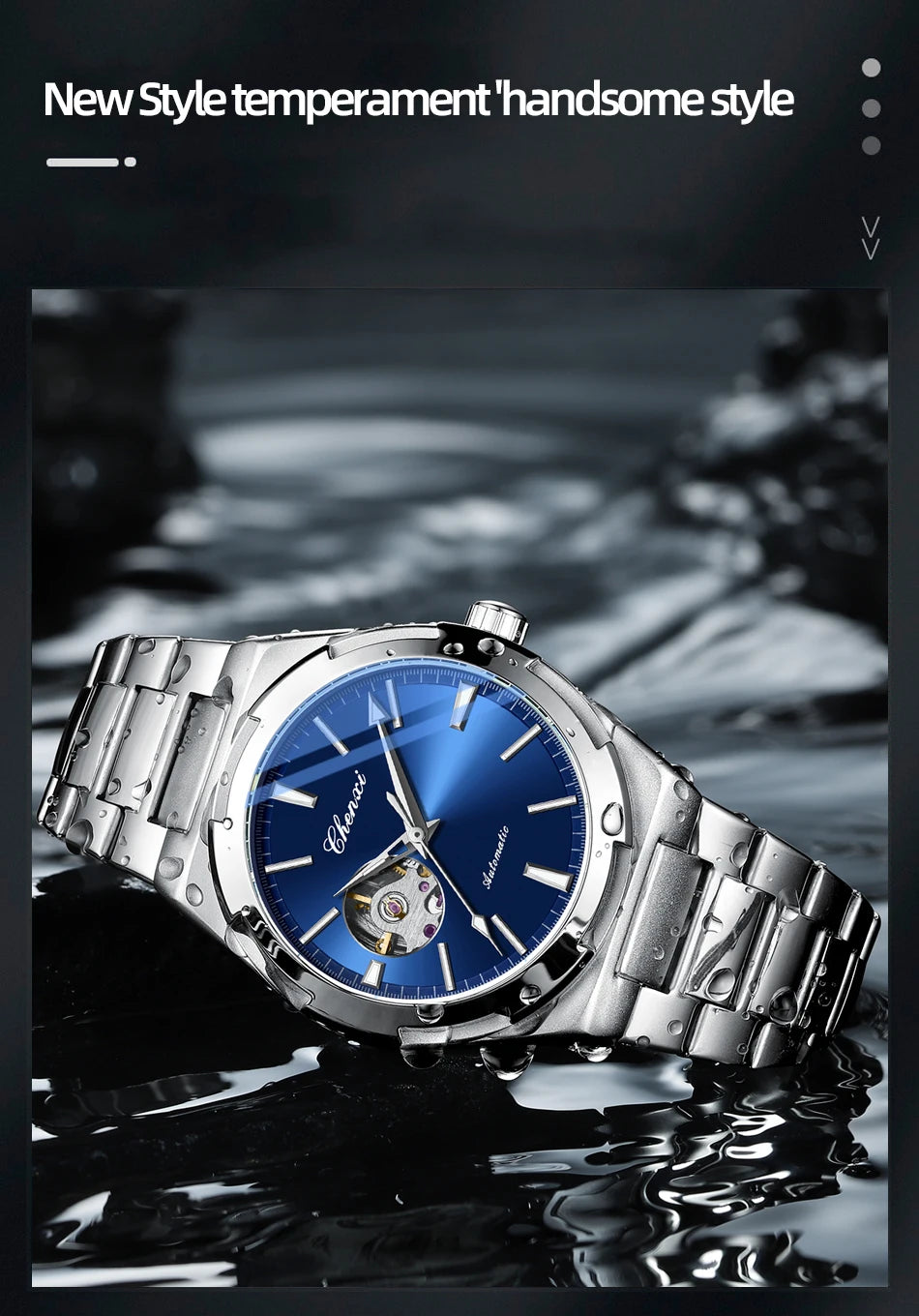 New Mens Watch Mechanical Wristwatches Stainless Steel Fashion Sports Waterproof Watches for Men Hollow Out Automatic Movement