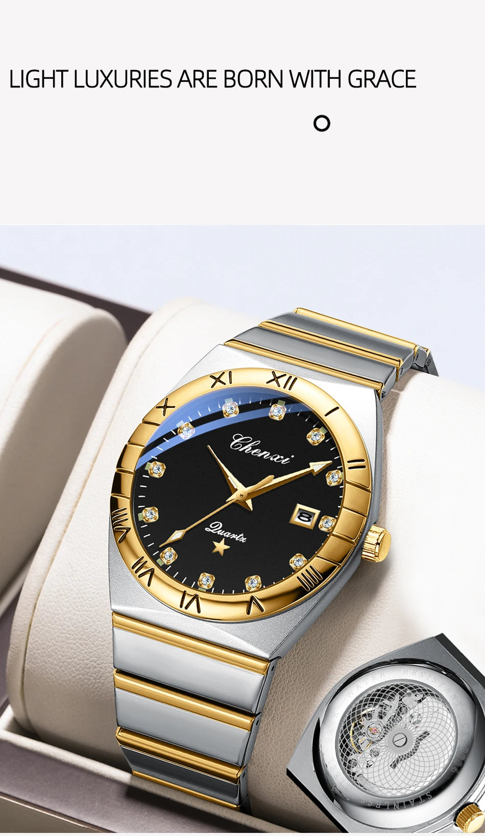 CHENXI Watches For Men Sweep Second Movement See-through Quartz, Waterproof Mens Watch Stainless Steel Golden Wristwatches