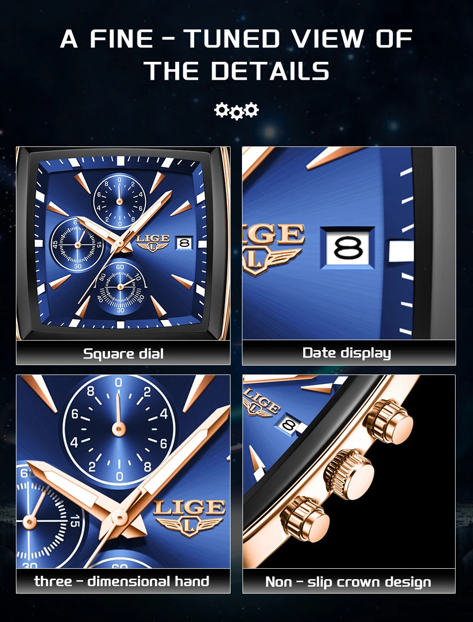 LIGE Top Brand Luxury Mens Watches Fashion Military Square Chronograph Quartz Wristwatches For Men Sports Waterproof Watch Men