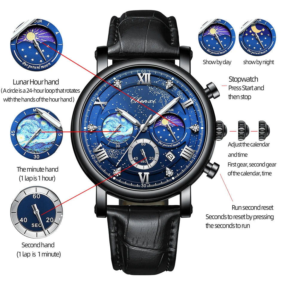 CHENXI Multi-functional Fashion Men's Watches Luminous Moon Phase Chronograph Men Wristwatches Calendar Quartz Watch For Man