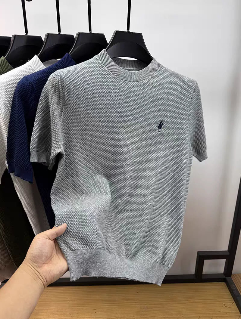 Luxury 100% cotton knitted short sleeve T-shirt high-end brand pony embroidery summer solid color  men's casual round neck top