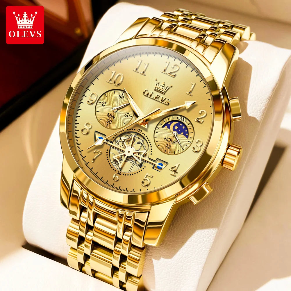 OLEVS 2900 Mens Watch Original Stainless Steel Watches For Men Calendar Moon Phase Quartz Watch Chronograph Freebie Reloj