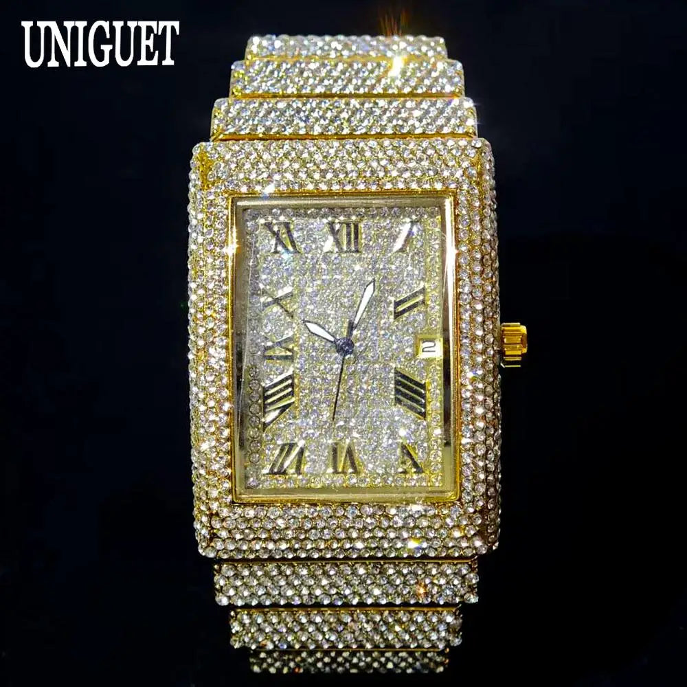 Fashion Rose Watch For Men Luxury Stainless Street Hip Hop Ice Diamond Rectangle Wristwatch Male With Calendar Rlógios Masculino