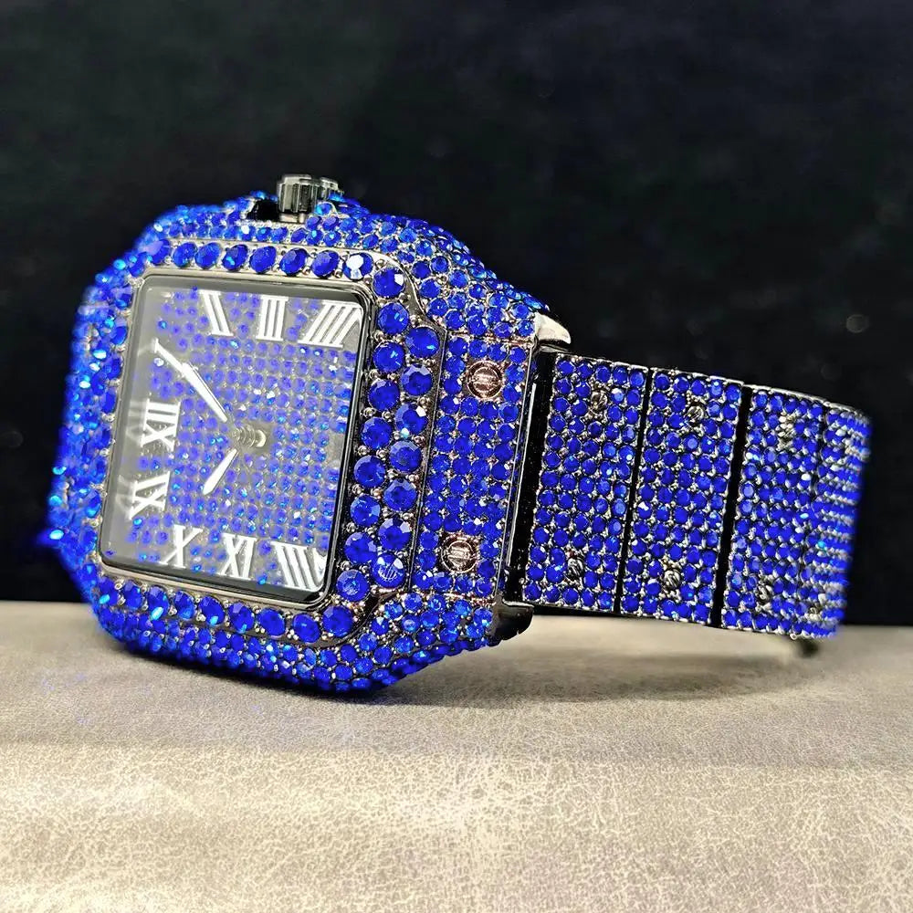 Cool Black Ice Watch For Men Brand UNIGUET Luxury Stainless Steel Quartz Timepiece Man Hip Hop Diamond Square Wristwatch New
