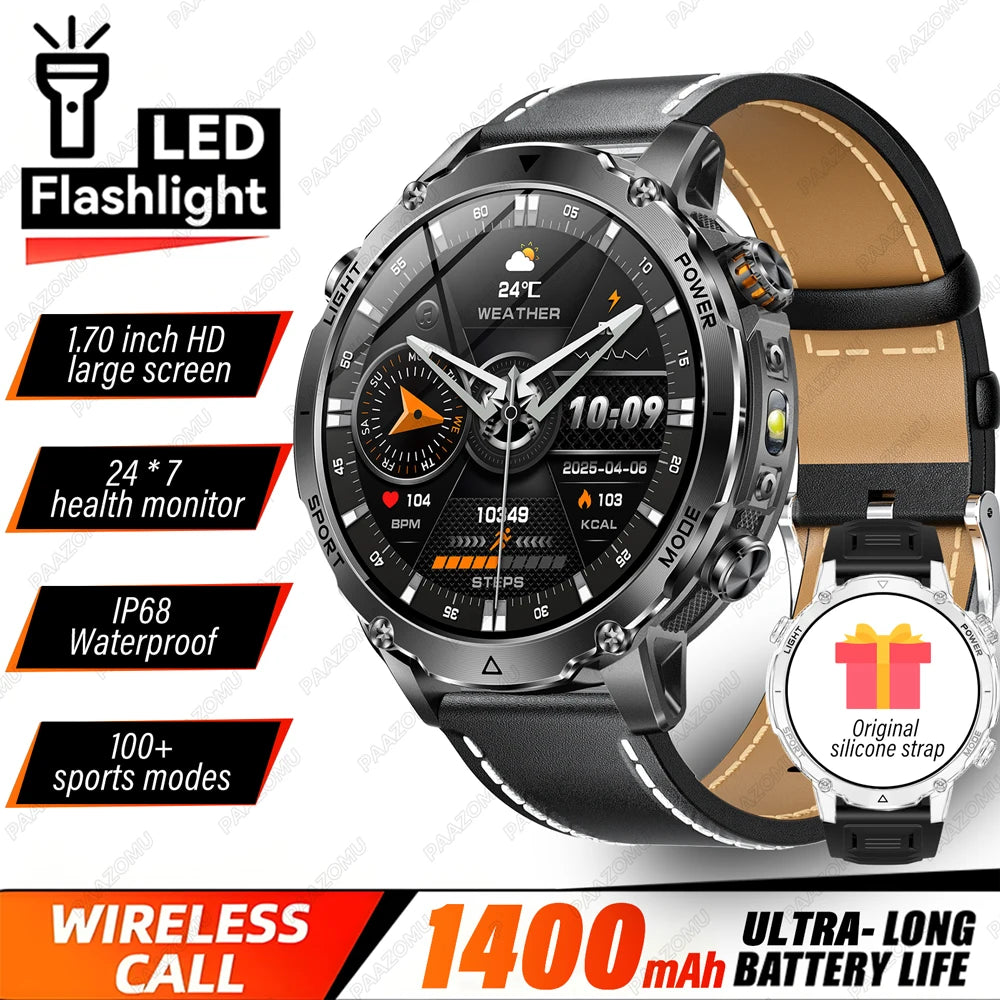 Brand+ Military 1400mAh Battery Smart Watch Men Outdoor Flashlight 10ATM Waterproof Heart Rate Bluetooth Call Sports Bracelets