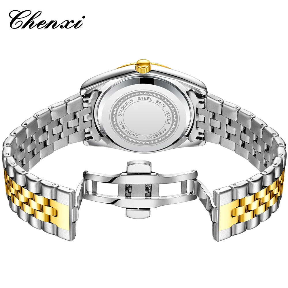CHENXI Man Watch Classic Fashion Gold Quartz Steel Strap Watches Men Diamond-Set Round Luminous Water-Resistant Date