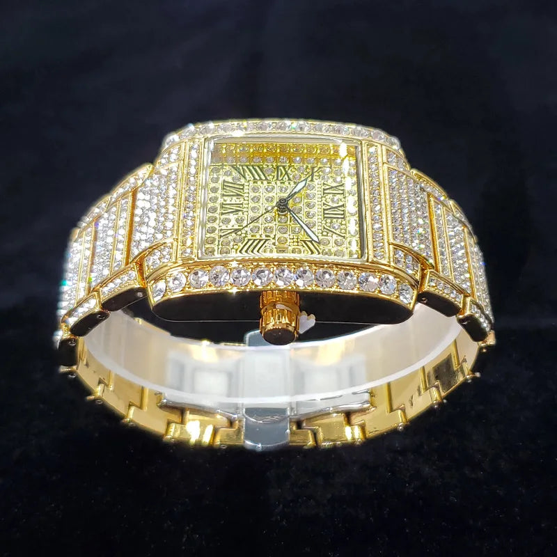 Luxury Brand Mens Silver Stainless Steel Quartz Watch Hip Hop Full Diamond Rectangle AAA Quality Fashion Wristwatch for Men 2025