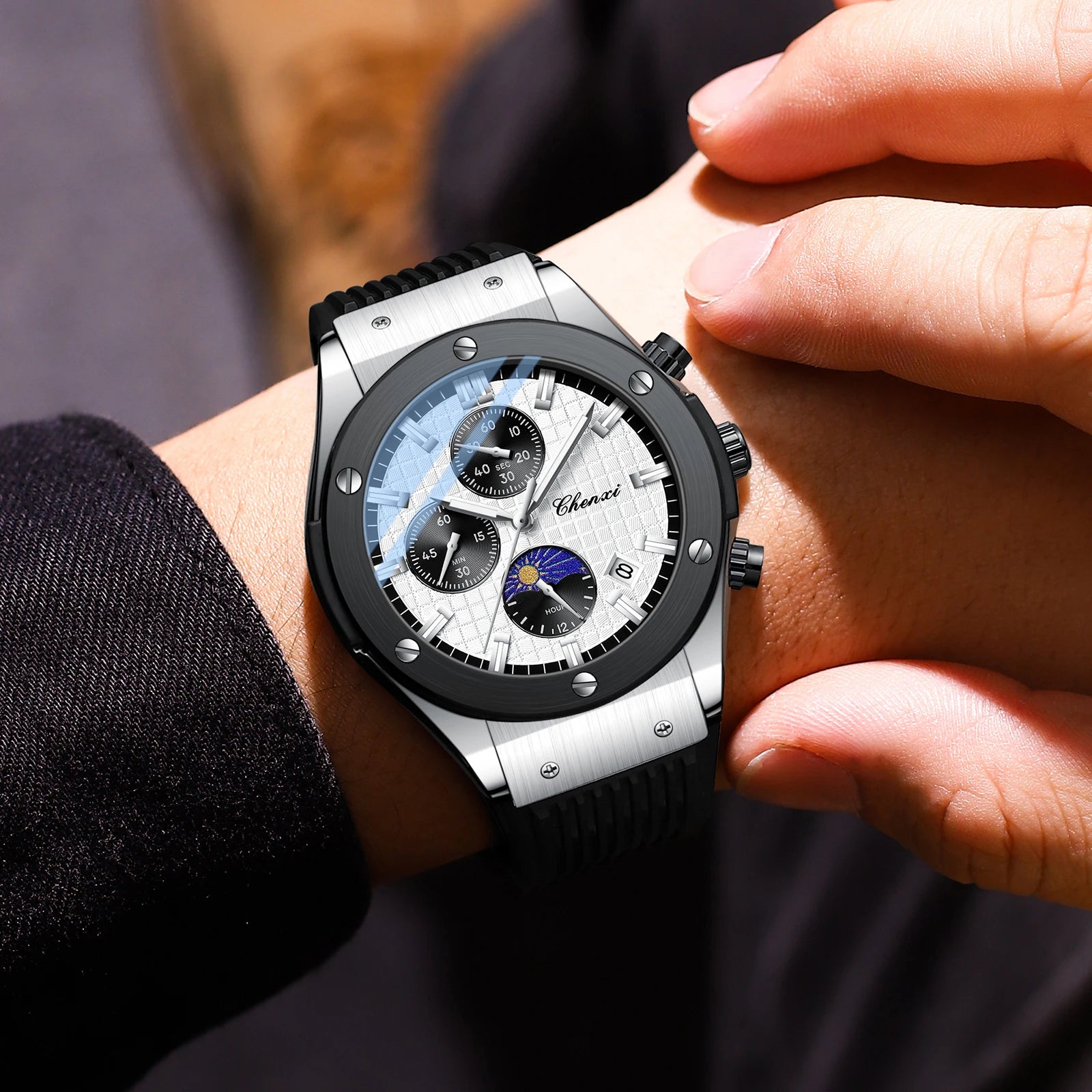 CHENXI Original Watch Quartz Waterproof Sports Watches Men Silicone Strap Chronograph Calendar Multi Functional Wristwatches