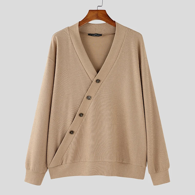 Autumn Stylish Men Tops INCERUN Hot Sale Texture Diagonal Sweater Casual Streetwear Solid V-neck Long Sleeved Sweater S-5XL 2024