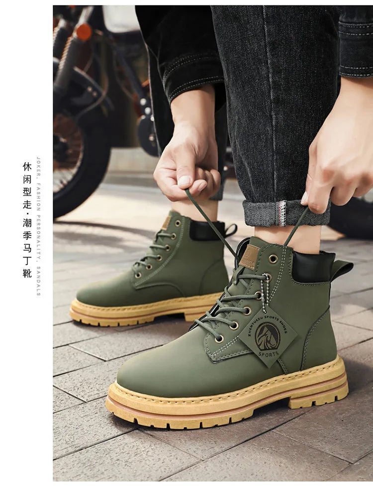 High Top Boots Men's Leather Shoes Fashion Motorcycle Ankle Boots for Men Winter Boots Man Shoes Lace-Up Botas Men Flat Sneakers