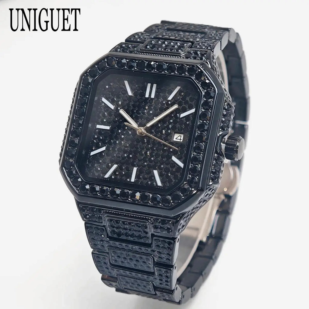 2025 New Black Iced Watch For Men Brand UNIGUET Fashion Waterproof Quartz Watch Man Hip Hop Diamond Jewelry Square Wristwatch