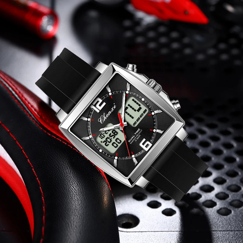 Fashion Casual Men Sports Watch Square Dial Dual Time CHENXI Watches Silicone Strap Waterproof Multifunction Wristwatch Male
