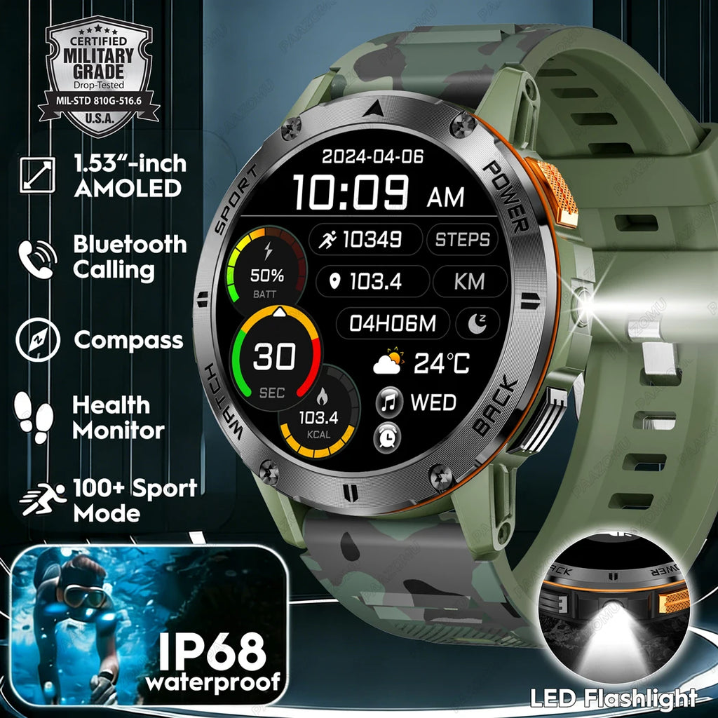 2026 New Smart Watch Men Compass Outdoor 3ATM Waterproof Sports Fitness Large Battery Bluetooth Call Smartwatch for Android iOS