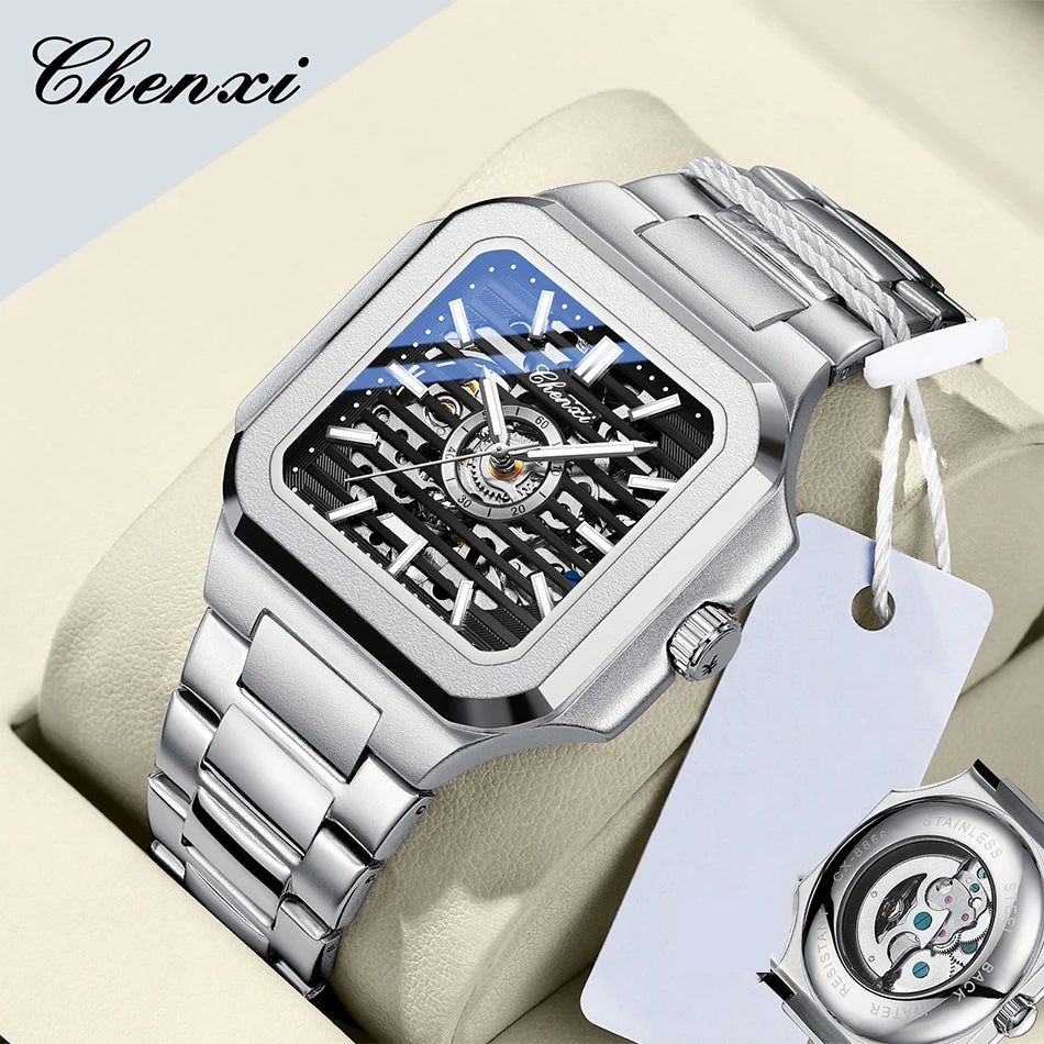 CHENXI Mechanical Men's Watch High-end Square Dial Men Watches Fully Automatic Hollow Wristwatches Male Gifts