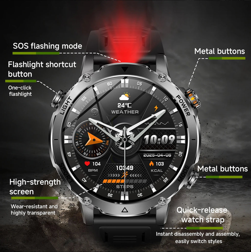 LIGE 2026 Military 1400mAh Battery Smart Watch Men Outdoor Flashlight IP68 Waterproof Heart Rate Bluetooth Call Sports Bracelet