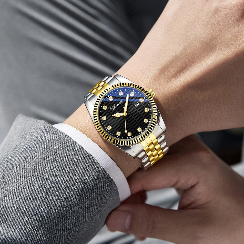 CHENXI Man Watch Classic Fashion Gold Quartz Steel Strap Watches Men Diamond-Set Round Luminous Water-Resistant Date