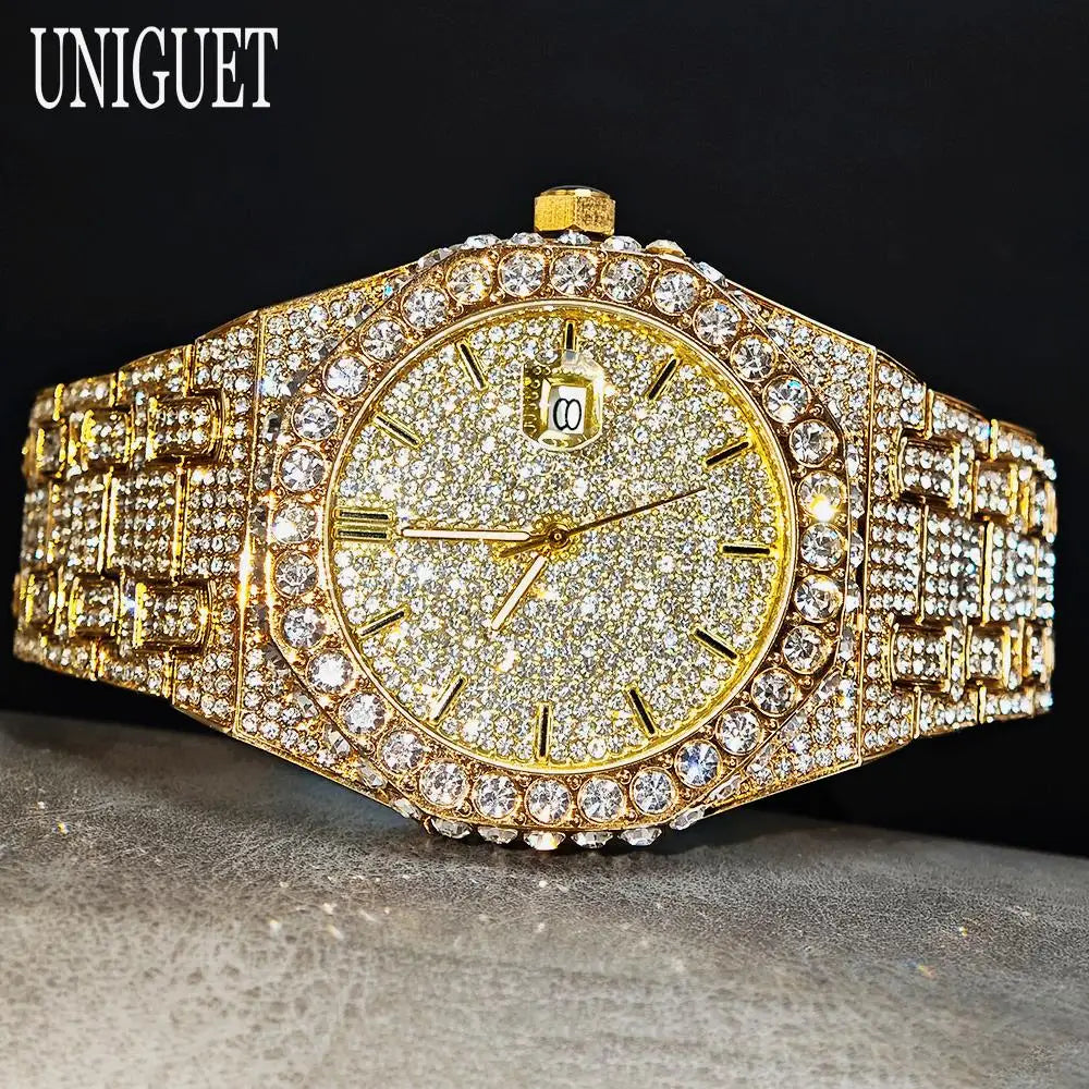 UNIGUET Fashion Iced Out Watch Mens Luxury Waterproof Quartz Watch For Man Hip Hop High Quality Big Diamond Wristwatch Hot Sale