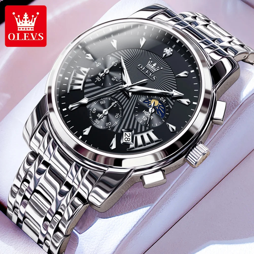 OLEVS 2892 Men Watch Original Quartz Watch Luxury Waterproof Luminous Calendar Moon Phase Chronograph Business Sports Men Watch