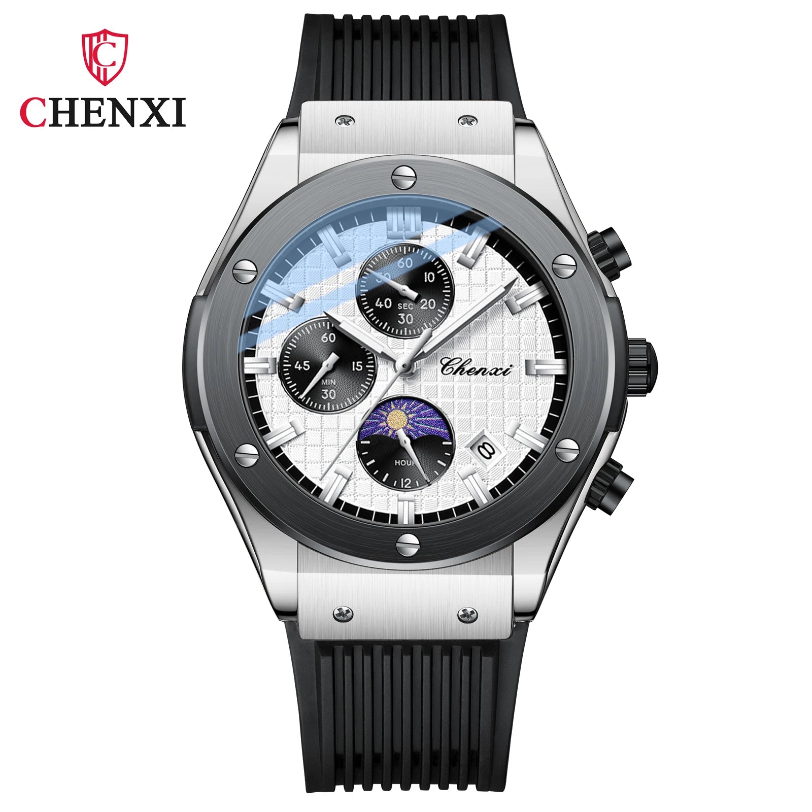 CHENXI Original Watch Quartz Waterproof Sports Watches Men Silicone Strap Chronograph Calendar Multi Functional Wristwatches