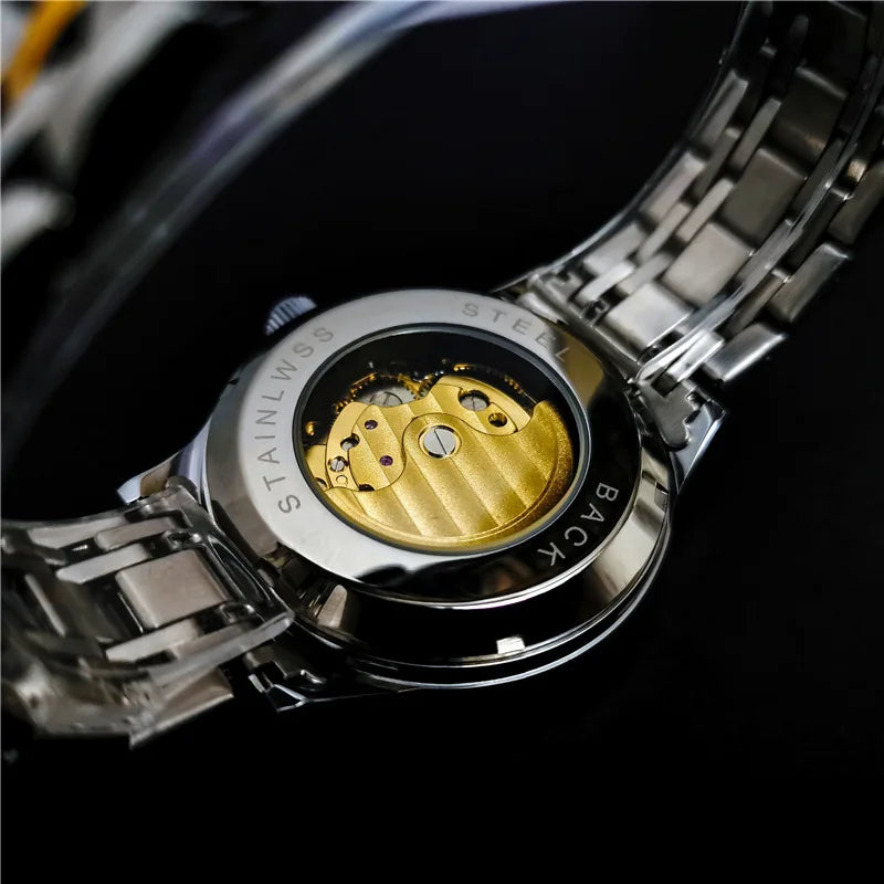 Stainless Steel New Vintage Skeleton Moonphase Luminous Waterproof Tourbillon Self-Wind Automatic Watch for Men