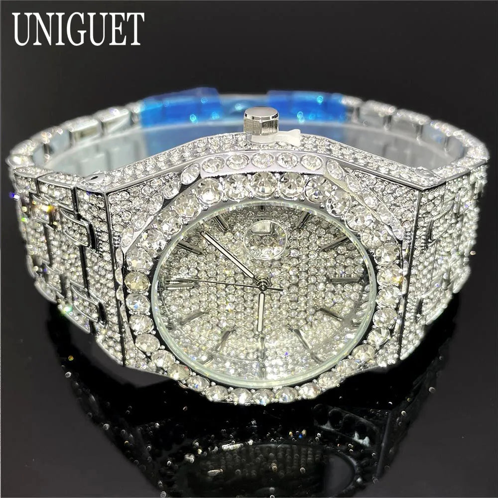 2025 New Luxury Brand UNIGUET Iced Watch For Men Fashion Hip Hop Diamond Waterproof Stainless Steel Wristwatch Male Dropshipping