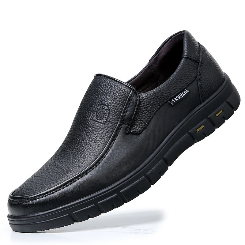 Mens Black Genuine Leather Slip On Loafers Soft Cushioned Sole Comfortable Business Casual Shoes For Middle Aged Dad Daily