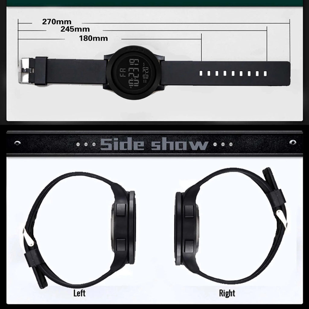Mens Women Digital Watch Big Dial Light LED Swim Waterproof Rubber Band Alarm Black LED Watches