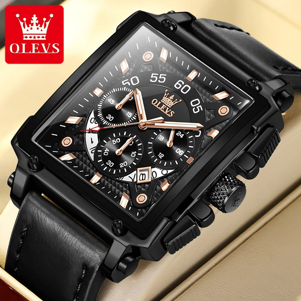 OLEVS Mens Watch Square Quartz Watch Multifunctional Business Watches For Man Waterproof Luminous Box Gift Leather Strap 9919