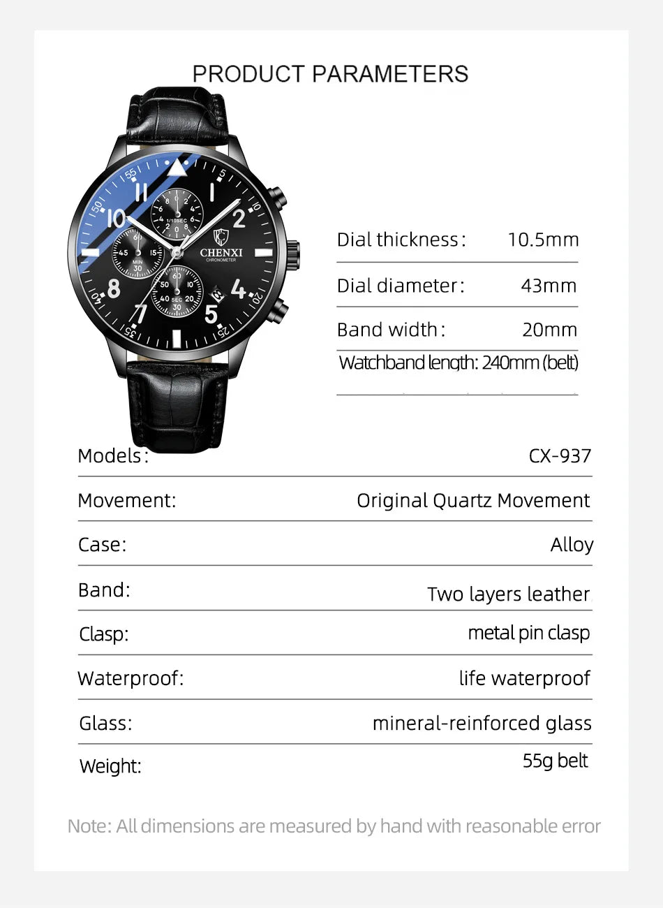 2025 New CHENXI Man Watch 43mm Classic Sports Chronograph Waterproof Luminous Quartz Men's Watches Leather Strap