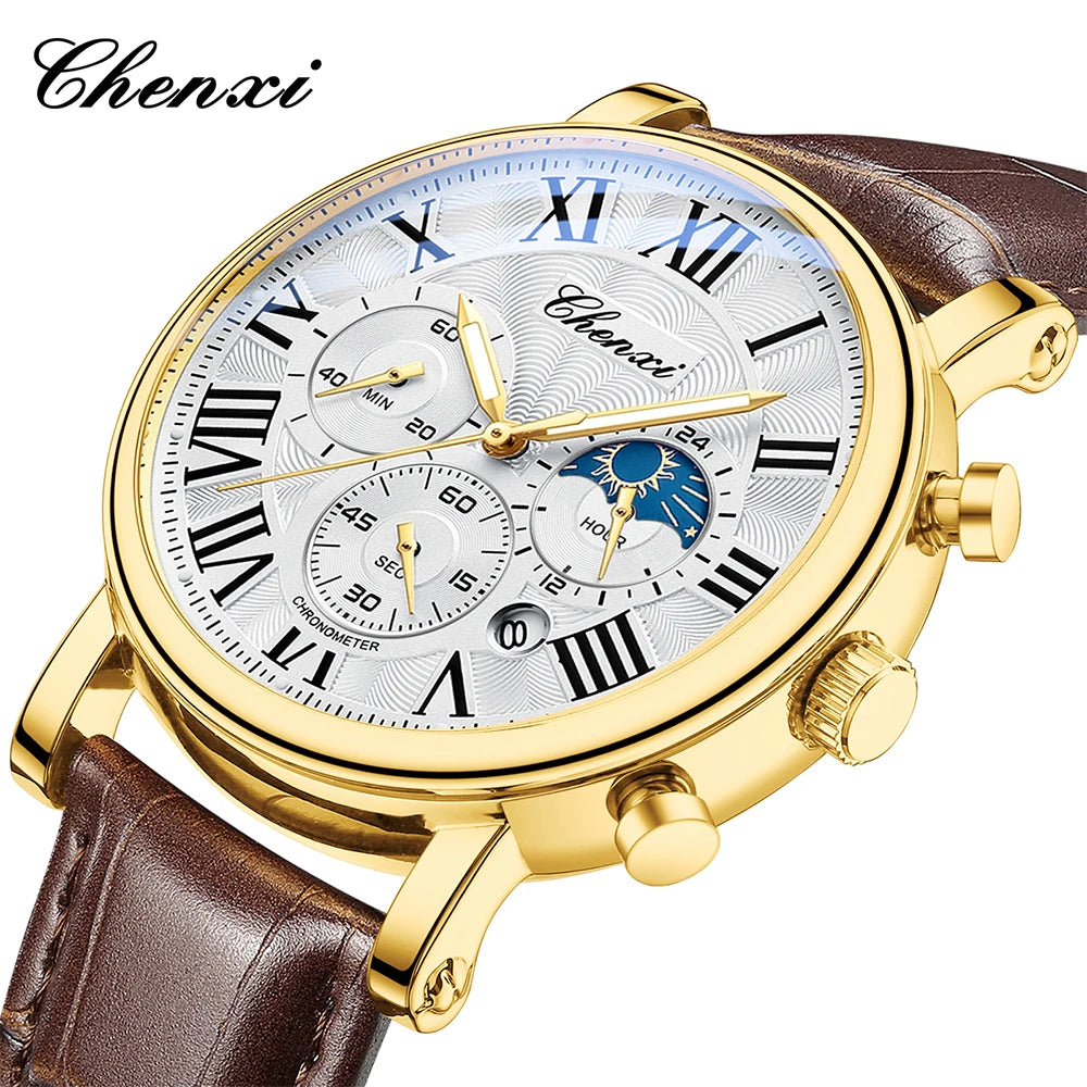 CHENXI Multifunction Men's Watches Business Roman Numerals Leather Strap Quartz Man Watch Chronograph Moon Phase Calendar