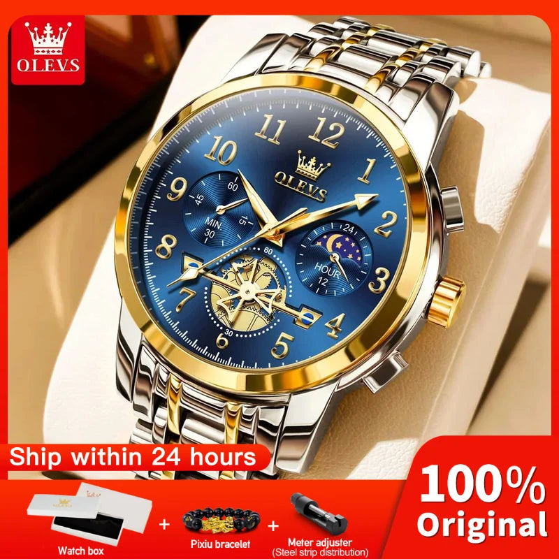 OLEVS 2900 Mens Watch Original Stainless Steel Watches For Men Calendar Moon Phase Quartz Watch Chronograph Freebie Reloj