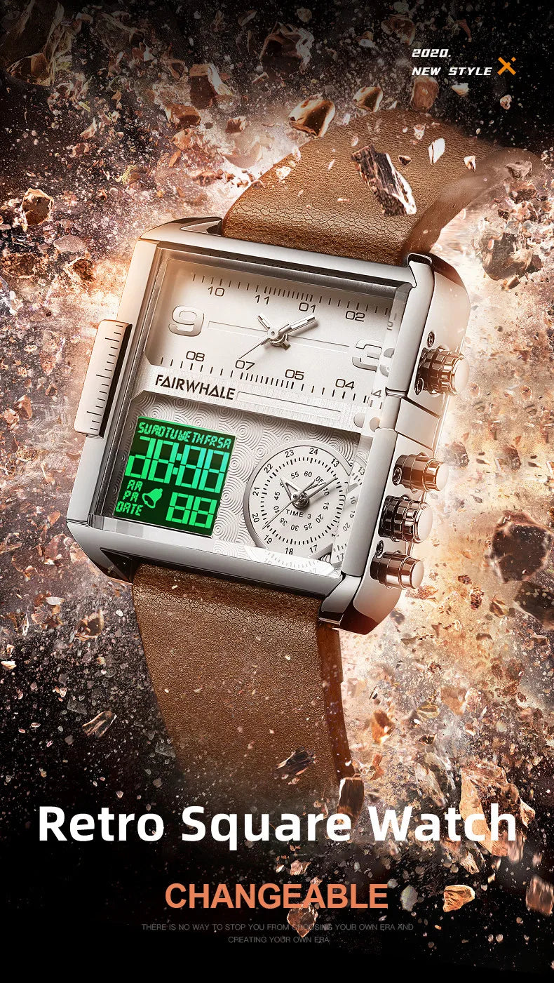 Mark Fairwhale Luxury Quartz Watches Men Fashion Brown Leather Strap Clock Military Waterproof Square Electronic WristWatch Man