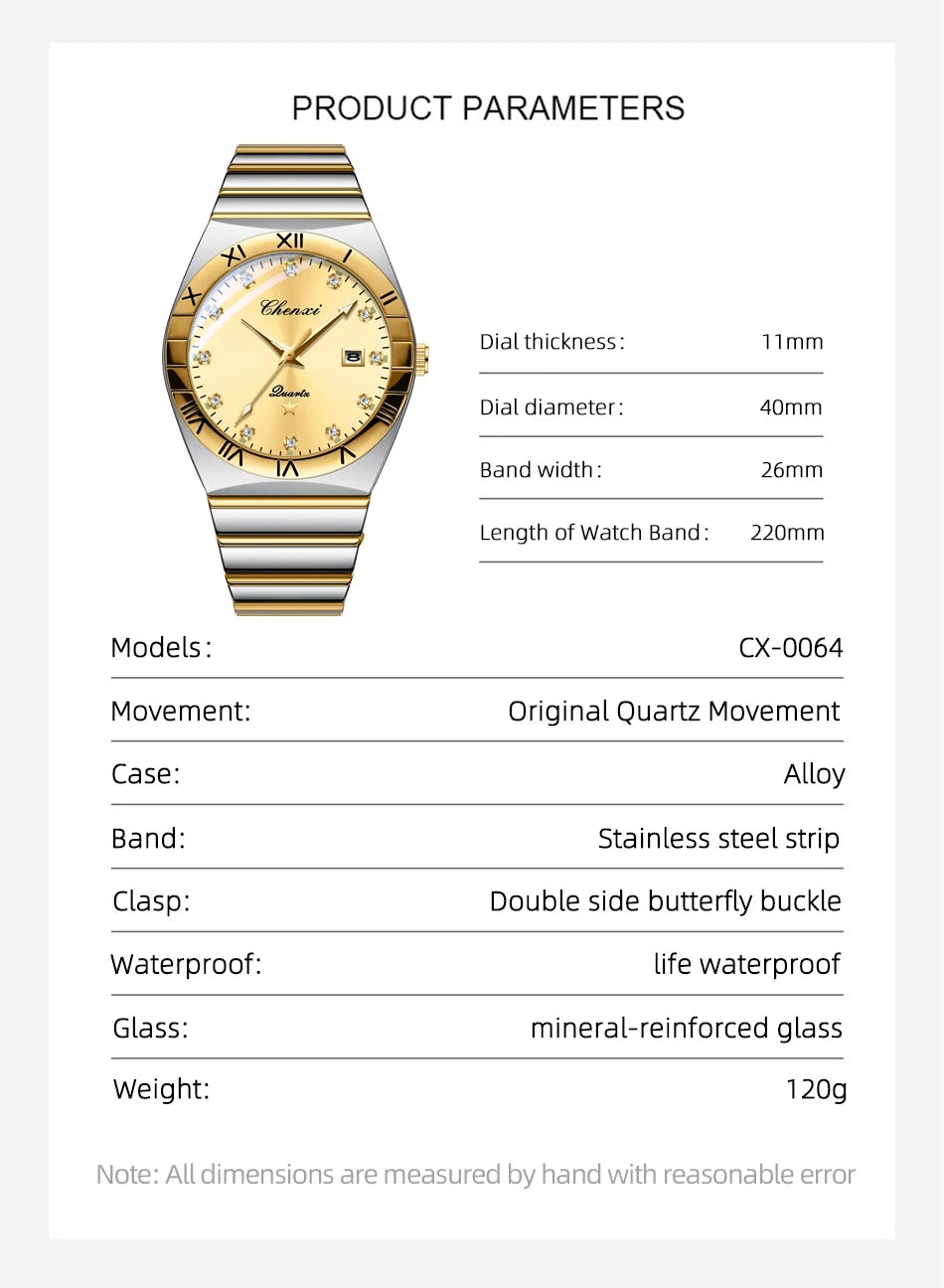 CHENXI Watches For Men Sweep Second Movement See-through Quartz, Waterproof Mens Watch Stainless Steel Golden Wristwatches
