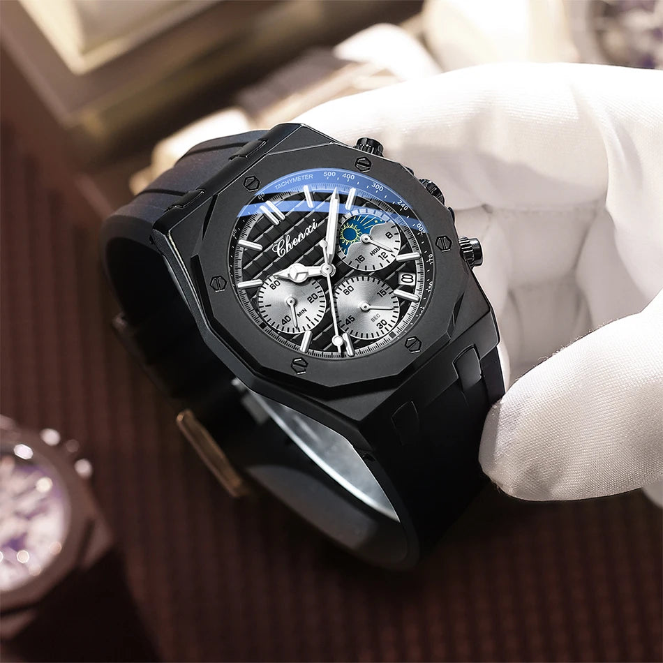 CHENXI Sports Multi-functional Silicone Man Watch Calendar Waterproof Quartz Men Watches Chronograph Moon Phase Men's Wristwatch