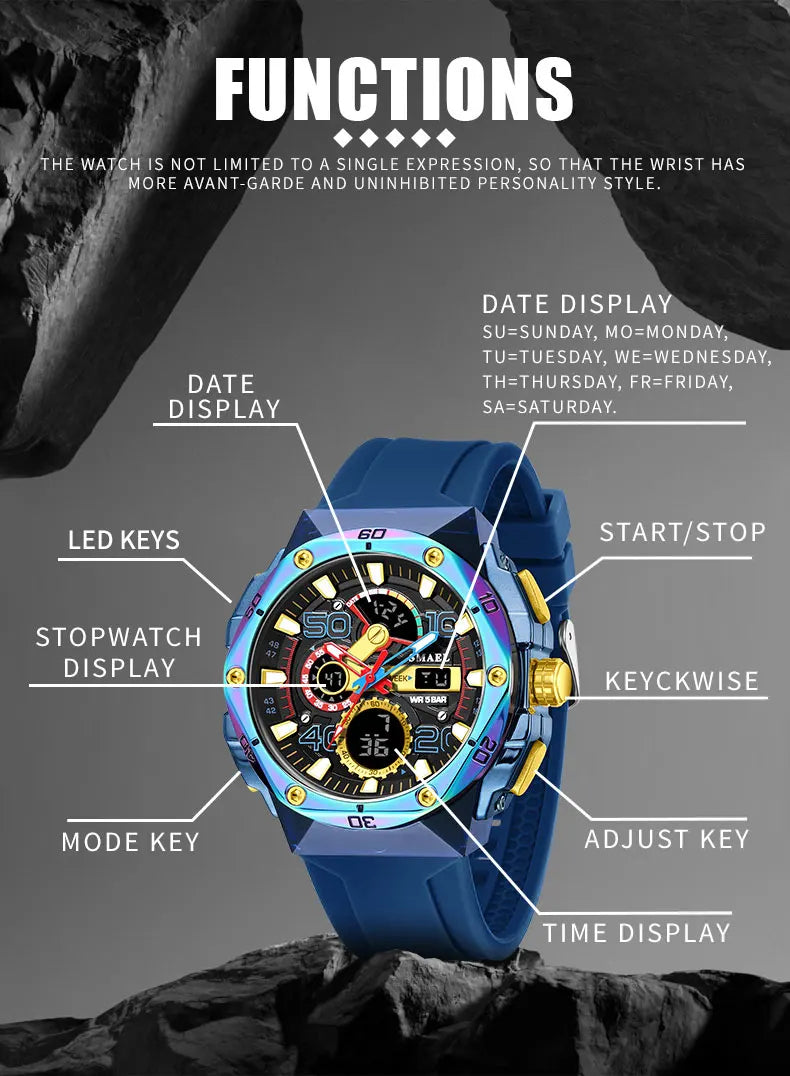 SMAEL Men's Sport Digital LED Watch Dual Time Stopwatch Alarm Clock 50M Waterproof 8113 Wristwatch Sports Army Military Watches