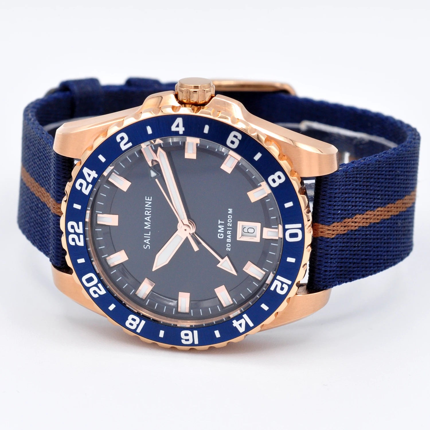 Top Quality Rose Gold Men's Luminous Casual Watch Fabric Strap GMT Quartz Wristwatch Stainless Steel Case 20 Bar Deep Waterproof