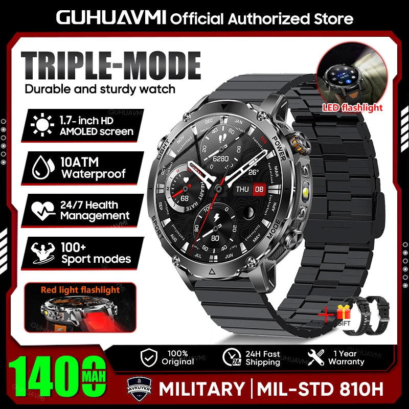 2026 New Military Smart Watch Men 1400mAh Battery 1.7-Inch AMOLED Sport GPS Track Bluetooth Call Rate Smartwatch For Android IOS