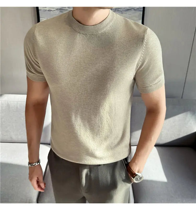 High-quality Men's Short-sleeve Knitted Sweater T-shirt O-Neck Solid Color Men Pullover T Shirts Slim Fit Stretch Undershirt Top