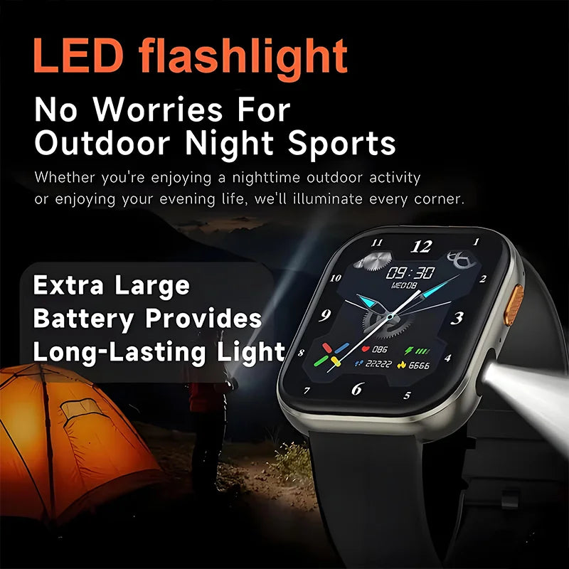 New 1000mAh Large Battery Smartwatch Men Women | 2.04"HD Screen BluetoothCall Heart Rate Monitor Flashlight Sports Fitness Watch