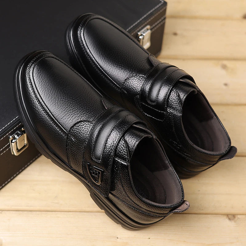 Mens Brown Litchi Grain Genuine Leather Casual Shoes Soft Sole Comfortable Walking Sneakers For Middle Aged Dad And Elderly