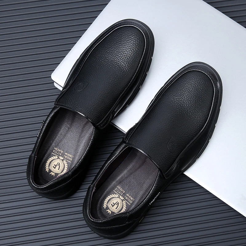 Mens Black Genuine Leather Slip On Loafers Soft Cushioned Sole Comfortable Business Casual Shoes For Middle Aged Dad Daily