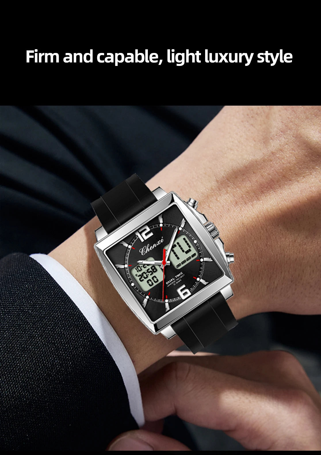 Fashion Casual Men Sports Watch Square Dial Dual Time CHENXI Watches Silicone Strap Waterproof Multifunction Wristwatch Male