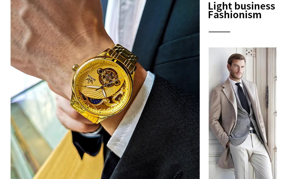 Stainless Steel New Vintage Skeleton Moonphase Luminous Waterproof Tourbillon Self-Wind Automatic Watch for Men